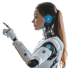 Future AI assistant interacting with holographic interface, showcasing cutting edge technology and human-robot collaboration