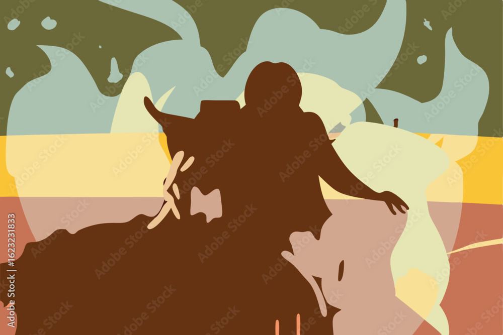 Poster abstract figure with arms extended and geometric overlays on a transparent canvas