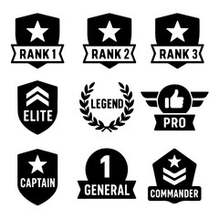 Clean Black Vector Set of Rank Badges in Flat Silhouette Style, Editable Formats: AI, EPS, JPG, PNG, Ideal for Both Digital and Print Use
