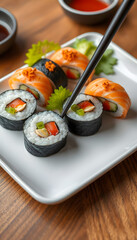 Delicious Salmon and Vegetable Sushi Rolls: Gourmet Japanese Food Photography