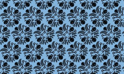 Black keys and botanical elements on blue leaves fruits