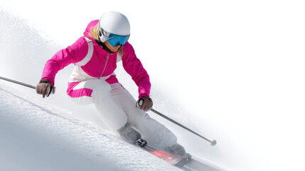 Focused woman skier in dynamic action, skiing downhill snowy mountain. winter sport captures feeling of speed and recreation, isolated against white background