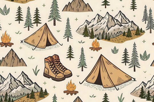Whimsical hand drawn seamless pattern of camping elements including tents mountains trees and campfires