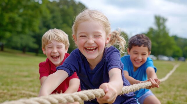 Children Engaging in Outdoor Tug of War Game on a Sunny Day, Enjoying Friendship and Laughter in a Park Setting