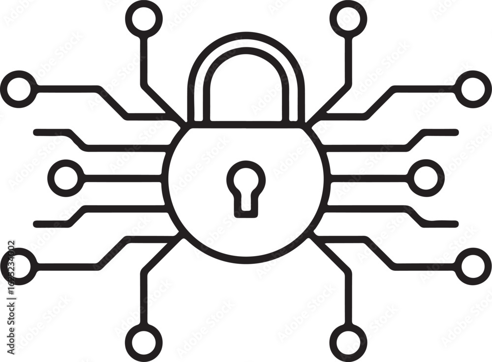 Poster digital security icon featuring a padlock integrated with a circuit board design