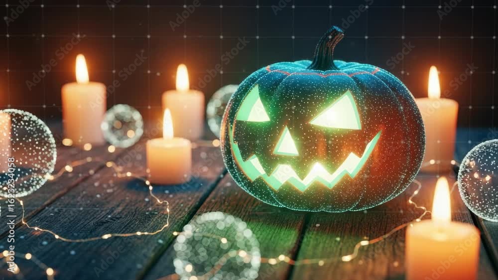 Poster a glowing jack-o'-lantern surrounded by flickering candles and decorative orbs on a rustic wooden ta