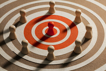 Wooden figures arranged on a target with one red figure in the center and others around the perimeter