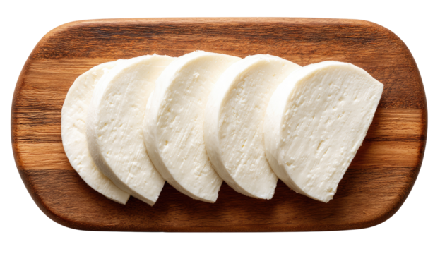 Sliced mozzarella on a wooden board.  Fresh,  white cheese slices arranged on a light brown wooden cutting board.  Top down view