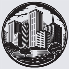 city icon silhouette vector art illustration, vector illustration of a city with tree