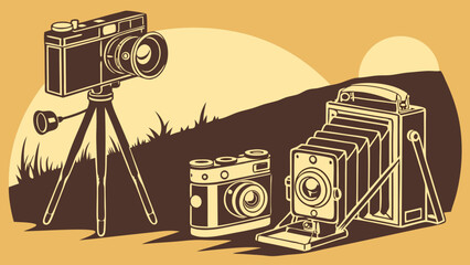 Old vintage retro cameras illustration. Classic photography equipment and antique photo gear on sepia background.