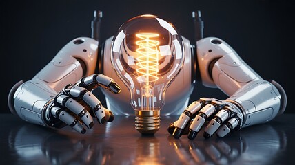 Artificial Intelligence Concept with Robot Hands Holding Glowing Light Bulb Idea Generation and Innovation