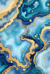Abstract illustration of blue and gold paint splash background with golden stains. Cyan marble alcohol ink drawing effect. Turquoise geode imitation with kintsugi veins