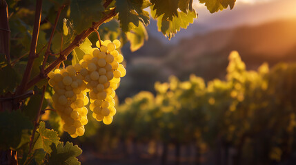 Golden hour glow in a vineyard with ripe grapes on the vines