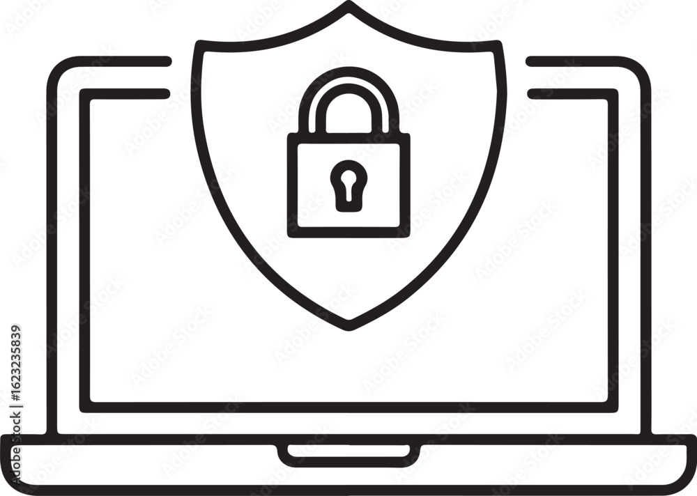 Poster laptop computer with a shield and padlock icon symbolizing cybersecurity and data protection