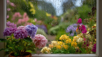 A raindrop-covered window showcasing a vibrant garden inside