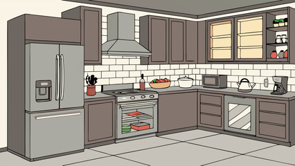 Modern home kitchen interior with contemporary design, appliances, cabinets, and clean countertops. Empty cooking space.