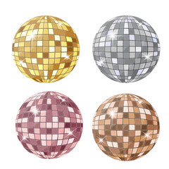 Realistic vector set of four shiny disco balls in metallic colors: gold, silver, pink, and bronze. Perfect for party, club, dance, or retro-themed design projects.