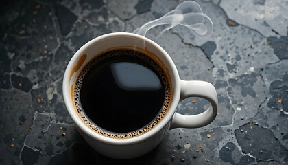 Steaming Black Coffee in White Ceramic Mug on Dark Stone Background - Warm Morning Brew, Hot Beverage, Caffeine, Comfort, Breakfast, Overhead View