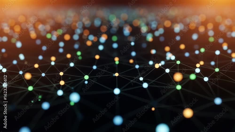 Poster a vibrant and intricate network of glowing dots and lines against a dark background representing dig