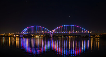 Fototapeta premium Beautifully Illuminated Arched Bridge Over Water at Night