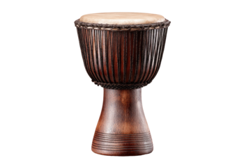 Close-up of a dark wooden drum with a light-colored head