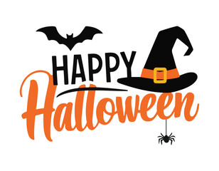 happy halloween text with bat witch hat and spider accents perfect for seasonal banners invitation cards and spooky vector illustrations
