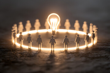 Group of figurines standing in a circle around a lightbulb symbolizing collaboration and innovation