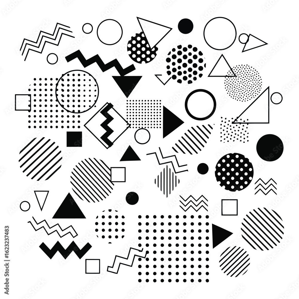 Poster art of abstract geometric pattern with circles, triangles, squares, and zigzag lines in a modern, mi