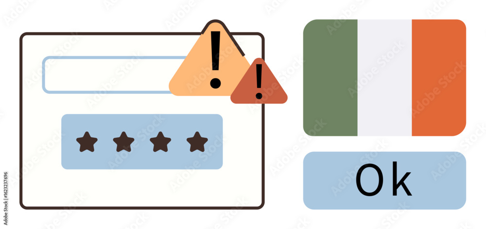 Poster password input field with alert signs for error, ireland flag, and ok button for confirmation. ideal