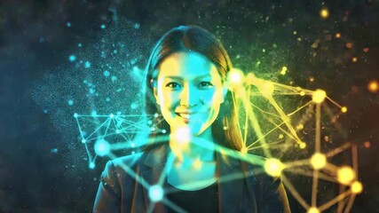 A confident woman smiles while surrounded by colorful digital connections and abstract shapes symbolizing innovation and technology in a futuristic setting - Powered by Adobe