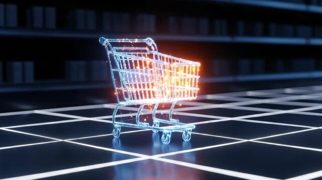 A futuristic shopping cart made of glowing digital lines stands on a grid-like floor in a high-tech retail environment symbolizing the evolution of online shopping and digital commerce