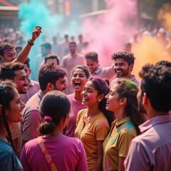 Fototapeta premium Joyful celebration of colors vibrant hues fill the air during a lively festival with happy people enjoying the festivities together