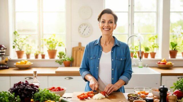 A cheerful woman in a bright kitchen preparing fresh vegetables on a wooden cutting board surrounded by an array of colorful produce and kitchenware creating a warm cooking atmosphere