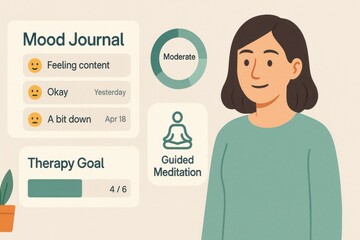 Woman tracking therapy goals and mood journal entries using guided meditation and emotional check-ins
