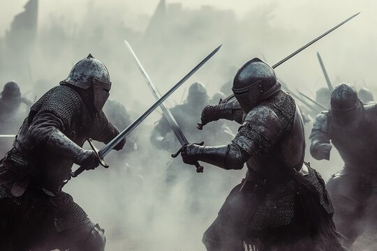 ancient battle scene with armored knights clashing swords on a misty battlefield