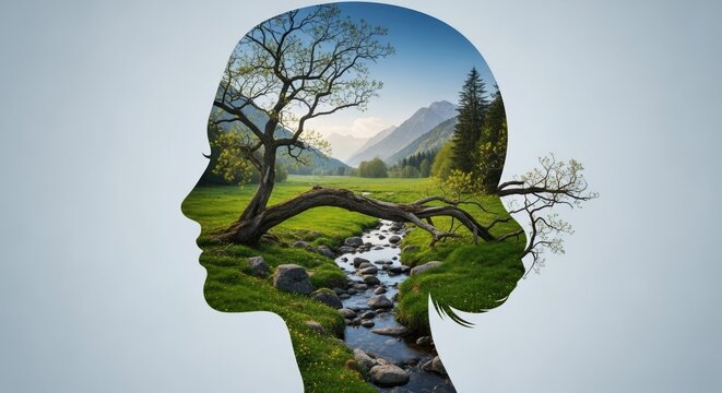 Head silhouette filled with a lush green valley, mountains, and a winding stream, symbolizing mental well-being and natural tranquility.