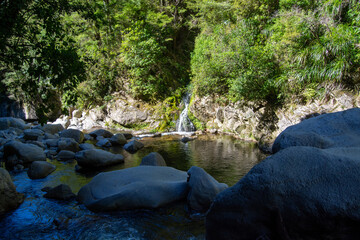 Tranquil Waterfall in Lush Green Landscape