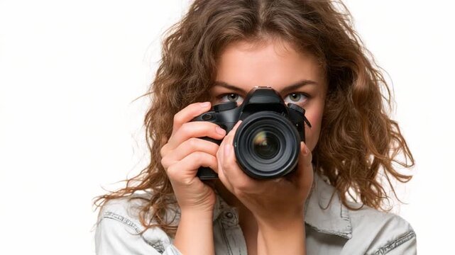 Capturing the Moment: A young photographer, engrossed in her craft, peers intently through the viewfinder of her digital camera, poised to capture a fleeting moment. 