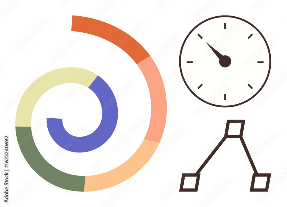 Poster spiral chart in multi-colors, clock with black hands, and simple hierarchy diagram. ideal for data a