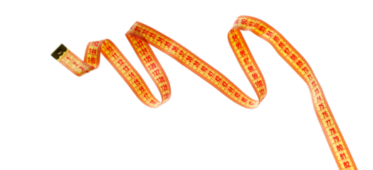 Yellow metric measuring tape flying, isolated on white background, clipping path	