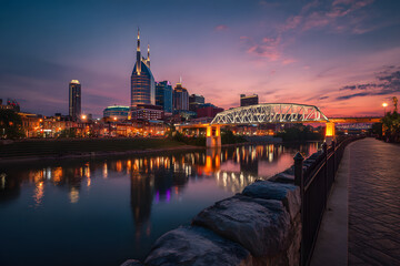 twilight skyline downtown tennessee nashville tn street river music night southern us scene destination america town travel view urban landmark attraction location