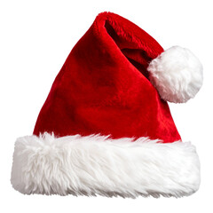 Classic Fluffy Santa Hat with White Fur Trim, Front View, Isolated on Transparent Background