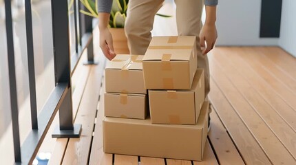 Delivery service brings packages to home with cheerful courier smiling in the sunlight