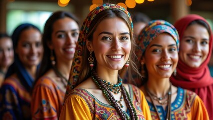 Naklejka premium Diverse group of smiling women adorned in colorful traditional clothing and vibrant headscarves showcasing cultural heritage and joyful community spirit