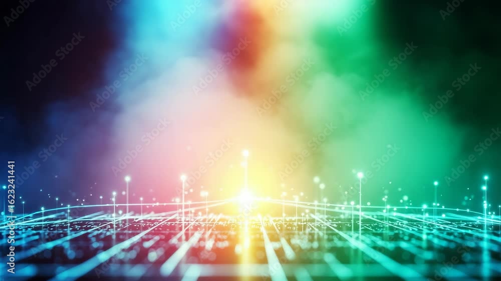 Poster a vibrant abstract representation of digital technology with colorful light beams and glowing partic