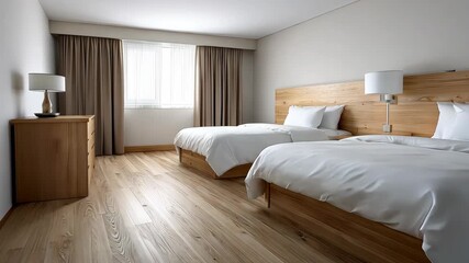 Modern hotel room with two beds, large window, and wooden accents in a stylish interior design