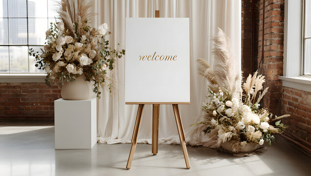 A clean and elegant blank white welcome sign on an easel, set against a stylish modern boho wedding backdrop