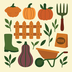 A complete set of various gardening supplies that includes a bag of soil