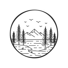 Minimalist mountain landscape with pine trees and birds in circular design