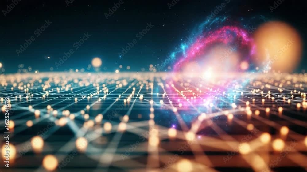 Poster a mesmerizing digital landscape featuring a glowing grid of lights and particles set against a cosmi